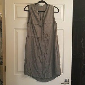 Army green dress with cinched waist and pockets